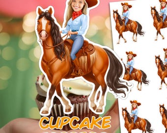Cowgirl Gesicht Cupcake Toppers, personalisierte Cowgirl Gesicht Cupcake Toppers, Rodeo Kuchendeckel, Cowgirl Geburtstagsparty Howdy Western Party