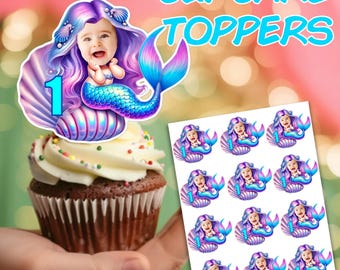 Adornos personalizados para cupcakes de La Sirenita: "ADORNOS DE SIRENA PERSONALIZADOS" para fiesta de cumpleaños submarina, decoración fotográfica imprimible, adornos faciales personalizados.