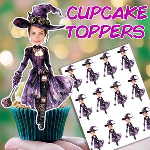 Decorazioni per cupcake a forma di strega: &quot;TOPPER PER FACCE PERSONALIZZATE&quot; Decorazioni personalizzate per Halloween, inviti per feste a forma di strega, decorazioni per compleanni con foto personalizzate