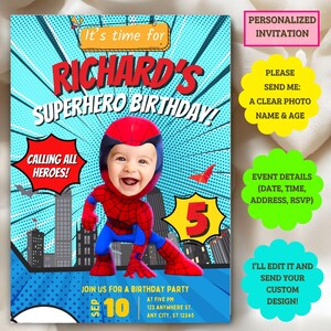 Op de afbeelding: Verjaardagskaart met superheldenthema met een kind verkleed als Spider-Man. De uitnodiging bevat de tekst "Richard's Superhero Birthday!" en "Calling All Heroes!" met een verzoek om een foto, naam en leeftijd.