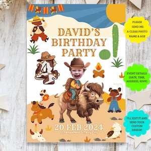 Puede incluir: Invitación personalizada para una fiesta de cumpleaños con temática de vaquero. El diseño presenta la cara de un niño sobre un vaquero montando un bisonte, con el texto "David's Birthday Party". Incluye detalles del evento y una solicitud de foto.