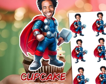 Adornos para cupcakes con cara de Thor personalizados, cumpleaños de superhéroe personalizado, adornos para caras personalizados, fiesta de superhéroes, adorno para tarta de Thor personalizado, adornos de Thor