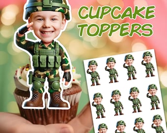 May include: Cupcake toppers featuring a cartoon soldier saluting, with a smiling face and camouflage uniform. The image includes a large topper on a cupcake and a sheet of smaller toppers. Text on the image reads "CUPCAKE TOPPERS."
