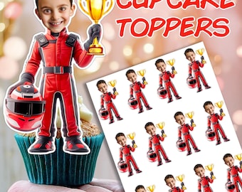 Formula Race Cupcake Toppers – Custom Photo Sports Party Printable, Race Car Birthday Decorations, F1 Theme Cake Topper Personalised Face