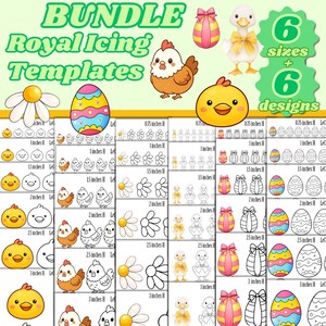 Può includere: Pacchetto di modelli di glassa reale con disegni a tema pasquale e primaverile. Include immagini di pulcini, uova, fiori e anatre. I modelli sono disponibili in 6 dimensioni e 6 design. Il testo sull'immagine dice "BUNDLE Royal Icing Templates".
