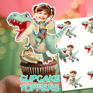 Dinosaur Face Cupcake Toppers, Personalized Dinosaur Photo Cupcake Toppers, T-Rex Party, Dinosaur Birthday Decor, Custom Dinosaur Topper