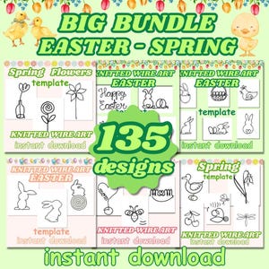 May include: A digital art bundle with the text "BIG BUNDLE EASTER - SPRING" and "135 designs". The image features various Easter and Spring-themed templates, including flowers, bunnies, and ducks. The words "instant download" are also visible.