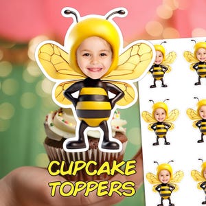 Bee Personalized Face Cupcake Toppers, Custom Photo Cake Toppers, Honey Bee Birthday Decor, Bee Baby Shower, Cute Bee Cupcake Topper