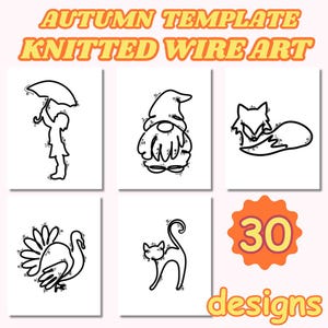以下が含まれることがあります： 秋をテーマにした、かぎ針編みのワイヤーアートのテンプレート。6つのデザインがあり、傘を持った子供、ノーム、キツネ、七面鳥、猫が含まれています。画像には「30 designs」というテキストも含まれています。