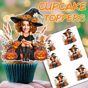 Decorazioni per cupcake a forma di strega: &quot;TOPPER PER FACCE PERSONALIZZATE&quot; Decorazioni personalizzate per Halloween, inviti per feste a forma di strega, decorazioni per compleanni con foto personalizzate