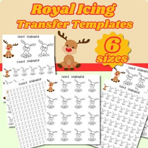 Könnte beinhalten: Bild von Royal Icing Transfer Vorlagen mit Rentier-Designs. Das Bild zeigt Blätter mit Rentier-Umrissen und fertigen Rentier-Illustrationen in verschiedenen Größen, von 1,3 cm bis 7,6 cm. Der Text weist auf sechs Größen hin.