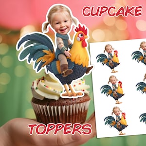 May include: A cupcake topped with a decorative topper featuring a child riding a rooster. The rooster is yellow, blue, and orange. The cupcake has white frosting and sprinkles. Text on the image reads "CUPCAKE TOPPERS".