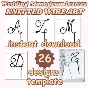 Könnte beinhalten: Darstellung von Hochzeitsmonogramm-Buchstaben in Strickdraht-Kunst. Die Buchstaben A, Z, M, D und E sind abgebildet, zusammen mit dem Text "sofortiger Download" und "26 Designs Vorlage".