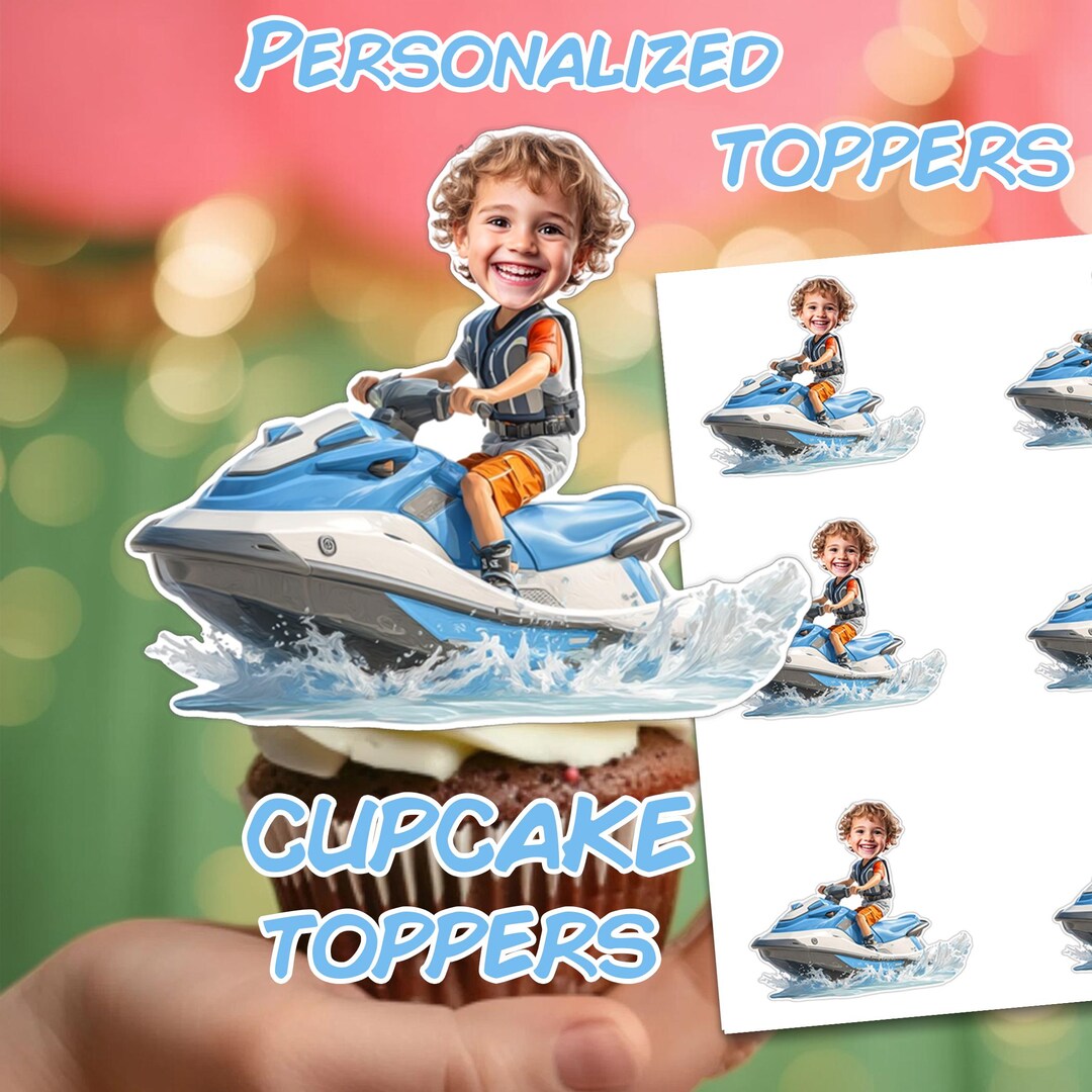 Jet Ski Face Custom Cupcake Toppers | Personalized Water Scooter Summer