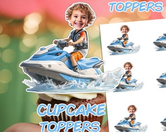 ジェットスキーの顔のカスタムカップケーキトッパー｜パーソナライズされたウォータースクーターのサマーパーティーデコレーション｜カスタムジェットスキーケーキトッパー｜ジェットスキーテーマパーティー
