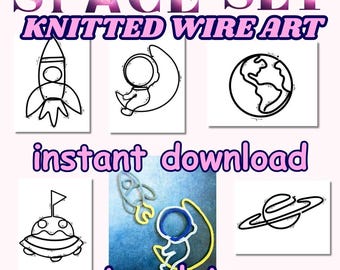 May include: A set of five space-themed wire art templates for knitting. The templates include a rocket, astronaut, earth, UFO, and Saturn. The templates are printed on white paper and are ready to be used for knitting projects.