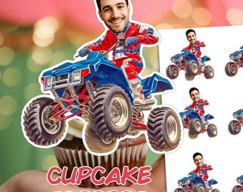 Adornos para cumpleaños de cuatriciclo: "ADORNOS DE CARA PERSONALIZADOS" Diseño imprimible personalizado para fiestas, divertidos adornos para cumpleaños de motociclistas de cuatriciclo.
