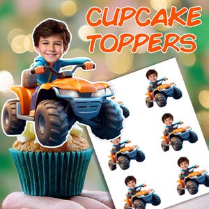 May include: A cupcake topped with a cartoon image of a boy riding an orange ATV. The cupcake is in a teal liner. The image also shows a sheet of similar cupcake toppers with the text "CUPCAKE TOPPERS" in orange.