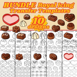 May include: A selection of Royal Icing Transfer Templates with diverse designs, including chocolates, hearts, and flowers. The image displays the text "BUNDLE Royal Icing Transfer Templates" and "10 designs".