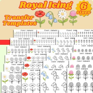 Può includere: Una collezione di stencil floreali per glassa reale, con vari disegni floreali come papaveri, campanule, margherite e trifogli. Gli stencil sono disponibili in sei misure, con misure in centimetri, ed etichettati come "Royal Icing Transfer Templates."