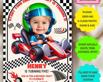 May include: A personalized birthday invitation featuring a child in a red go-kart, wearing a green and blue helmet. The invitation includes the text "Henry is turning five!" and event details. The design incorporates checkered flags and a race track.