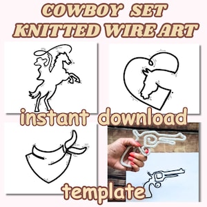 Può includere: Un set di quattro modelli stampabili per creare opere d'arte in filo metallico a tema cowboy. I modelli includono un cowboy a cavallo, un cuore con la testa di un cavallo all'interno, un bandano e una pistola. Il testo "download immediato modello" è stampato sull'immagine.