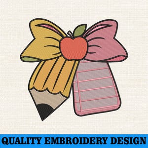先生のコケットボウ刺繍デザイン、鉛筆ボウ刺繍、新学期の刺繍デザイン、新学期初日のステッチファイル、デジタルファイル