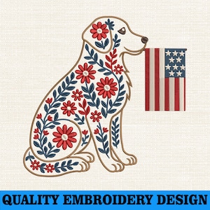 Patriotic Floral Dog Embroidery Design, 4th Of July Dog With Flag Embroidery, Fourth of July Embroidery File, Independence Day PES,USA Shirt