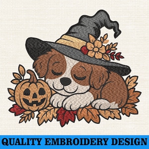 Cute Dog Halloween Embroidery Design, Halloween Dog Embroidered, Autumn Fall Leaves Stich File, Trick or Treat Embroidery, Digital Download