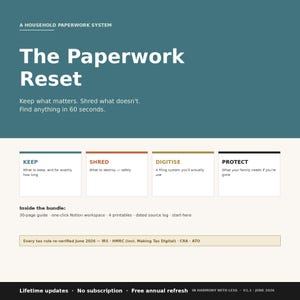 Pode incluir: Um sistema digital de gestão de documentos chamado The Paperwork Reset, com secções para Keep, Shred, Digitize e Protect. O pacote inclui um guia de 30 páginas, um espaço de trabalho Notion, quatro imprimíveis e um registo, com regras fiscais de junho 2026.
