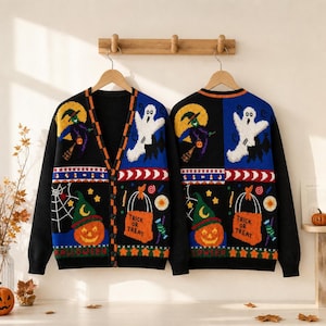 Treat or Trick Halloween-kofta, stickad Halloween-kofta, stickad vintage-tröja med pumpa- och spökmotiv, höstoutfit, läskig gåva