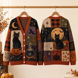 May include: A long-sleeve V-neck cardigan featuring a patchwork design with black cats, pumpkins, a crescent moon, a cauldron, and a spiderweb. The knit garment has a button-front closure and is decorated with orange, black, and purple patterns.