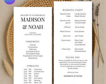Plantilla de programa de boda moderno, cronograma del día de la boda, orden del servicio, cronograma de boda imprimible, programa de ceremonia de boda