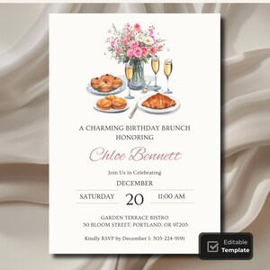 Op de afbeelding: Een uitnodiging voor een verjaardagsbrunch met aquarel illustraties. Het ontwerp toont een boeket roze en witte bloemen, gebak, champagneglazen en de tekst "A Charming Birthday Brunch Honoring Chloe Bennett". De datum is 20 december.