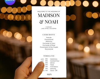 Plantilla de programa de boda moderno, cronograma del día de la boda, orden del servicio, cronograma de boda imprimible, programa de ceremonia de boda