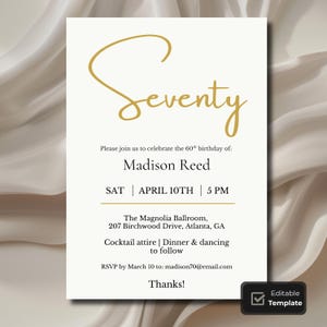 Beige Gold 70th Birthday Invitation, Minimalist Elegant Party Invite, Editable Digital Birthday Template, Modern Celebration Invite