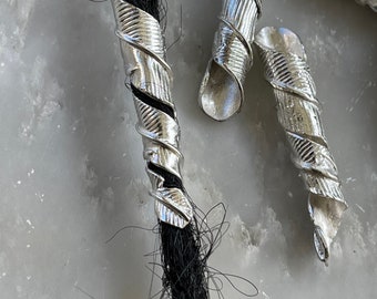 Handmade Silver Feather Cuff for Dreadlocks, Braid Bead Jewelry, Handcast Brass Buddhist Design