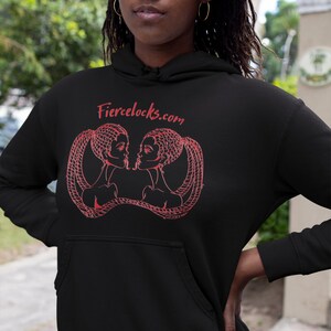 May include: Black hoodie with a red graphic of two women with braided hairstyles facing each other, with the text Fiercelocks.com above the graphic. The hoodie has a front pocket and a drawstring hood.