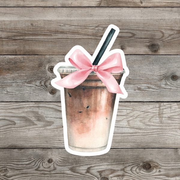 Iced Coffee with pink bow Sticker, Coffee Lover, Coquette, Social Club, Trendy, Girly