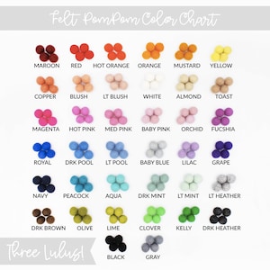 Peut inclure: Nuancier de pompons en feutre avec 24 couleurs diff&eacute;rentes, dont le marron, le rouge, l'orange fonc&eacute;, l'orange, la moutarde, le jaune, le cuivre, le rose p&acirc;le, le rose clair, le blanc, l'amande, le toast, le magenta, le rose vif, le rose moyen, le rose p&acirc;le, l'orchid&eacute;e, le fuchsia, le bleu royal, le bleu fonc&eacute;, le bleu clair, le bleu b&eacute;b&eacute;, le lilas, le raisin, le marine, le paon, l'aqua, le vert fonc&eacute;, le vert clair, le gris clair, le marron fonc&eacute;, l'olive, le vert citron, le tr&egrave;fle, le vert kelly, le gris fonc&eacute;, le noir et le gris.