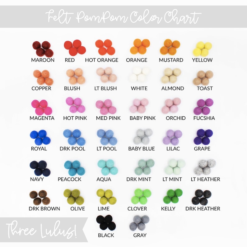 Peut inclure: Nuancier de pompons en feutre avec 24 couleurs diff&eacute;rentes, dont le marron, le rouge, l'orange fonc&eacute;, l'orange, la moutarde, le jaune, le cuivre, le rose p&acirc;le, le rose clair, le blanc, l'amande, le toast, le magenta, le rose vif, le rose moyen, le rose p&acirc;le, l'orchid&eacute;e, le fuchsia, le bleu royal, le bleu fonc&eacute;, le bleu clair, le bleu b&eacute;b&eacute;, le lilas, le raisin, le marine, le paon, l'aqua, le vert fonc&eacute;, le vert clair, le gris clair, le marron fonc&eacute;, l'olive, le vert citron, le tr&egrave;fle, le vert kelly, le gris fonc&eacute;, le noir et le gris.