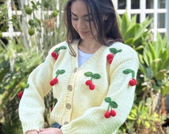 Handmade Cherry Cardigan: Trendy Knitted Fashion,Christmas Gift
