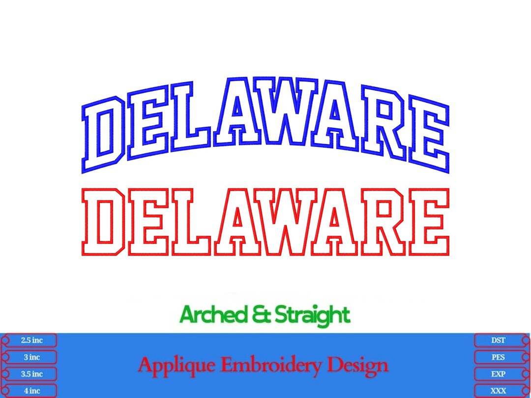 Delaware Name Design Delaware Applique Embroidery Design | Varsity Font (2.5-4 Inch ...