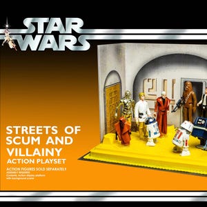 May include: A vintage Star Wars "Streets of Scum and Villainy" action playset. The playset features a yellow platform with several character figures, including C-3PO, R2-D2, and Chewbacca. The background is a detailed interior scene. The text "Ages 40 and up" is visible.