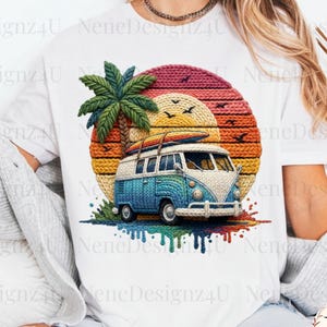 May include: White t-shirt featuring a colorful graphic of a vintage blue and white van with surfboards, a palm tree, and a sunset. The design includes the text "Nene Designz4U" and a logo.
