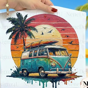 May include: White t-shirt featuring a vintage teal and white van with a surfboard on top, set against a sunset backdrop with palm trees and birds. The design evokes a beach vacation theme.