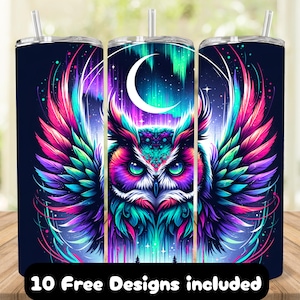 Owl 20oz Skinny Tumbler Sublimation Design, Tumbler Wrap for Nature Enthusiasts, Aurora Owl Tumbler Wrap PNG, Night Sky Tumbler Design
