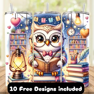 Owl and Book Lover 20oz Skinny Tumbler Sublimation Design, Tumbler Wrap for Readers, Owl Lover Tumbler Wrap PNG, Bookworm Tumbler Design