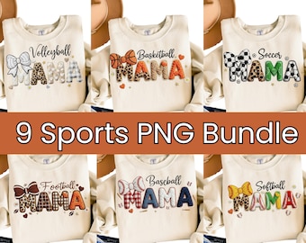 Sports Mama Crochet PNG Bundle | 9 Faux Chenille Textured Designs | Football Soccer Basketball Softball Baseball Mom PNG Set
