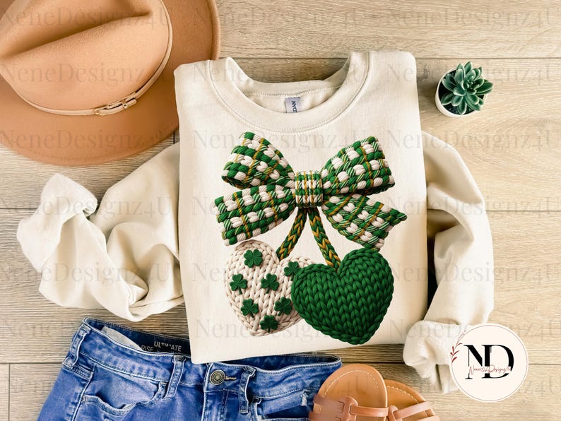 May include: Cream-colored sweatshirt featuring a green and white plaid bow and two heart-shaped designs. One heart is green, the other is cream with green shamrocks. The sweatshirt is paired with blue jeans and a hat.